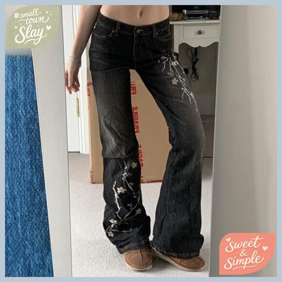 Stretchy Flare Jeans Mid Rise Embroidery Vintage Denim Pants Y2K - Picture 4 of 7